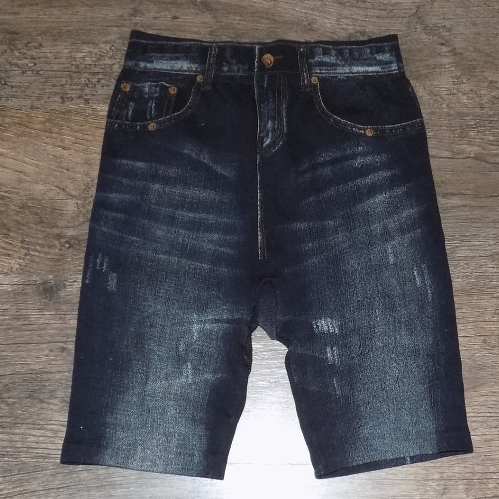 Eye Candy Denim Print Leggings Shorts Womens 1X/2X Blue Distressed Stretchy